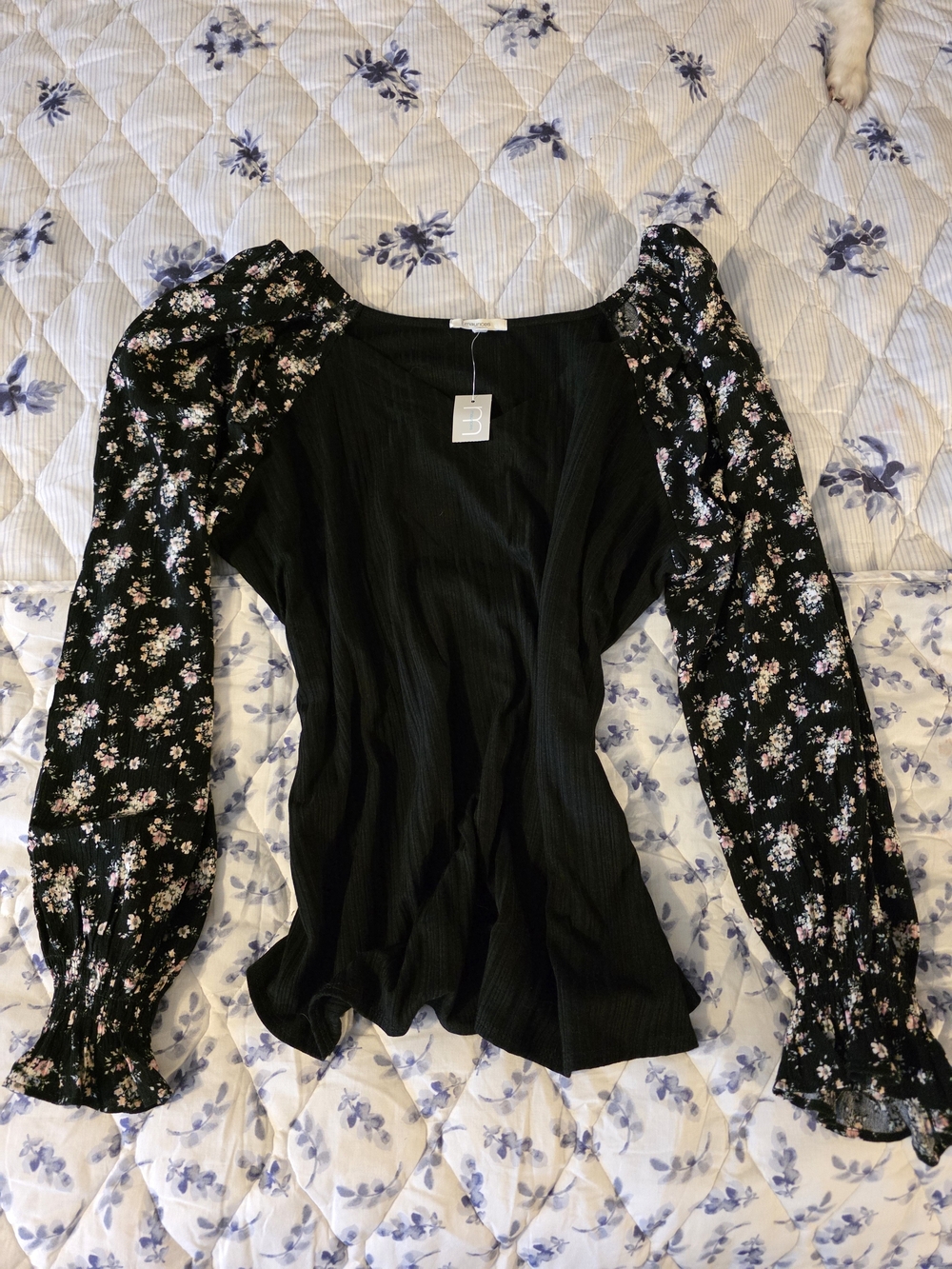 Maurices Black Ribbed Top with Floral Sleeves